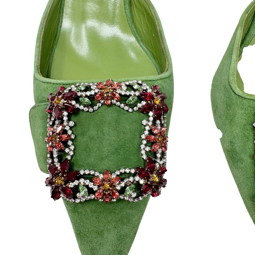 Rare Manolo Blahnik Maysale Jewel Green Suede Multicolor Crystal Mule Heels 38 - Picture 3 of 10